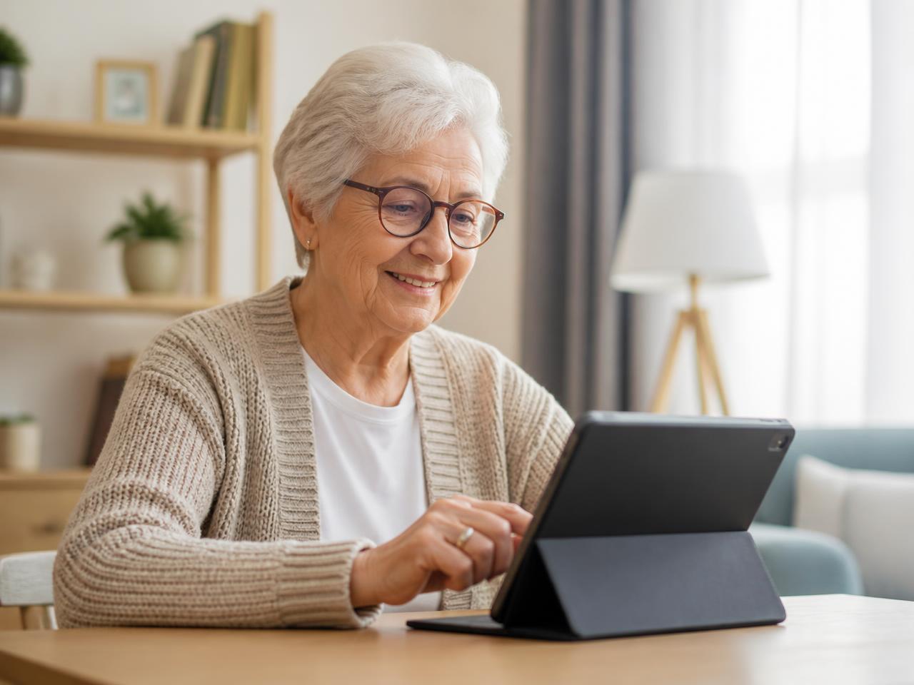 An older adult comfortably using Elodia on a tablet at home