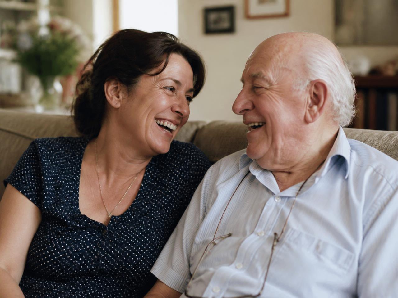 An adult daughter laughing with her aging father at home
